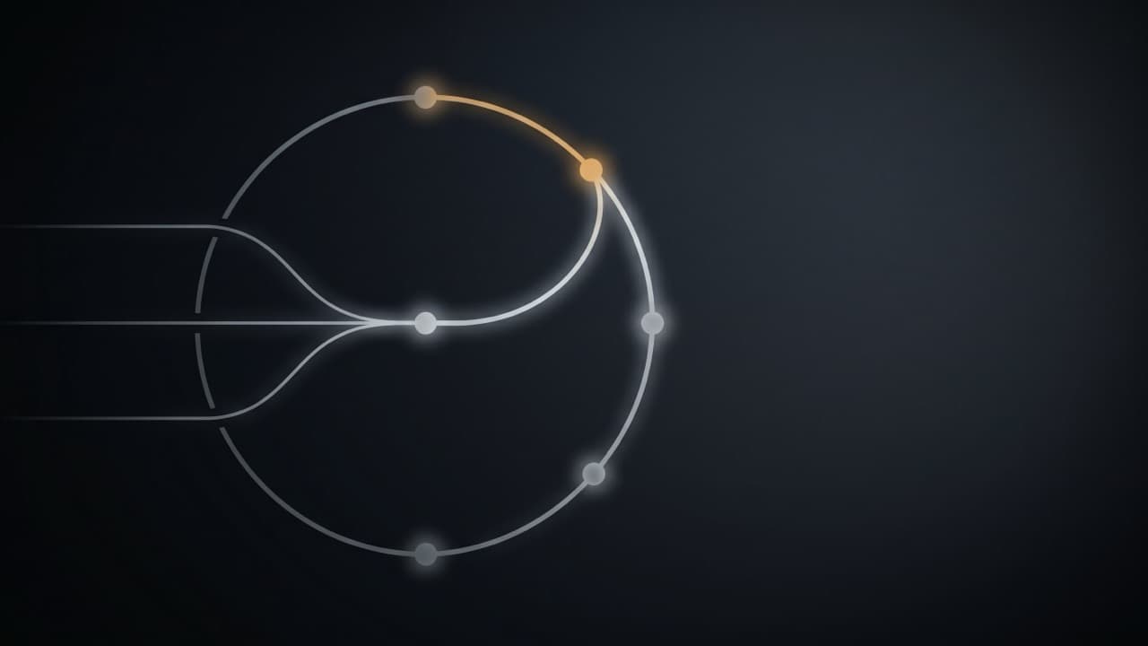 A self-closing loop of light: three faint signal streams converge into one brighter path that arcs back to its source, with a single warm node marking where the system updates itself